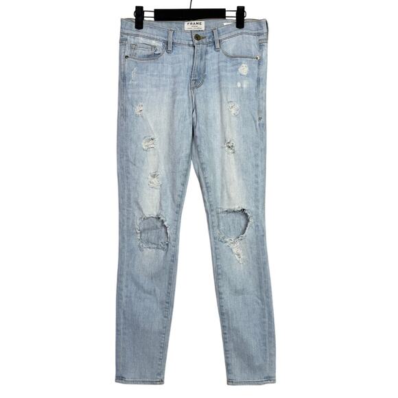 FRAME Le Skinny Mid Rise Distressed Stretchy Skinny Jeans 27 Light Blue Wash - Picture 1 of 15